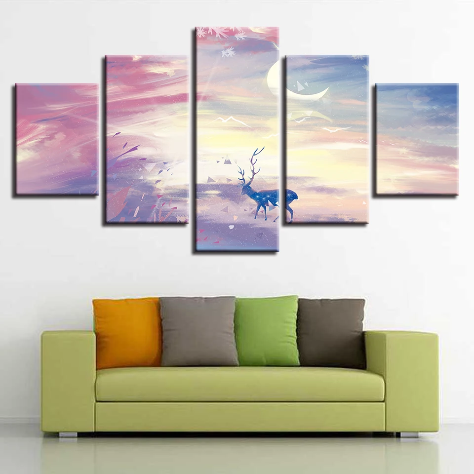 

Canvas Pictures Home Decor Wall Art 5 Pieces Deer Animal Within Beautiful Landscape Background Painting Modular HD Prints Poster