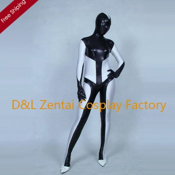 

Free Shipping DHL Sexy Costume White & Black Shiny Metallic Full Body Zentai Suit for Events 2015 SM1832