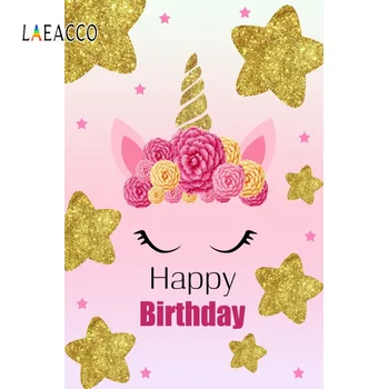 

Laeacco Vinyl Backgrounds Unicorn Happy Birthday Party Gold Star Flowers Poster Portrait Photographic Backdrops Photo Studio