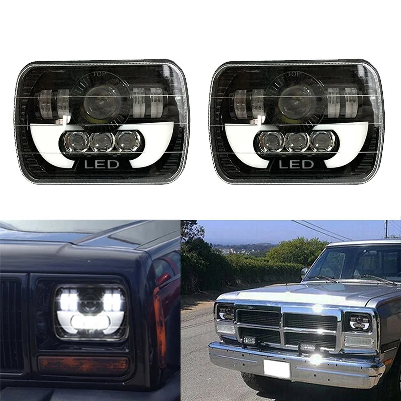 Pair 5X7 Headlights Black Rectangular LED 5x 7 6X7 Replacement for 85-87 Chevy Truck Off Road 87-95 Jeep Wrangler YJ 84-01Cherokee XJ Dodge Van Toyota Pickup Nissan 240SX H605253 H6054LL  (2)