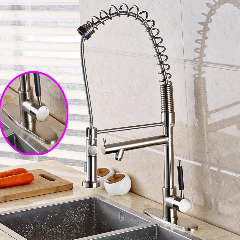Deck Mount Large Spring Kitchen Faucet Dual Spout Vessel Mixer Tap W Cover Plate