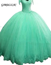 Fora do ombro hortelã quinceanera vestidos de baile 2021 tule rendas apliques vestidos de 15 anos inchado doce 16 baile vestido longo