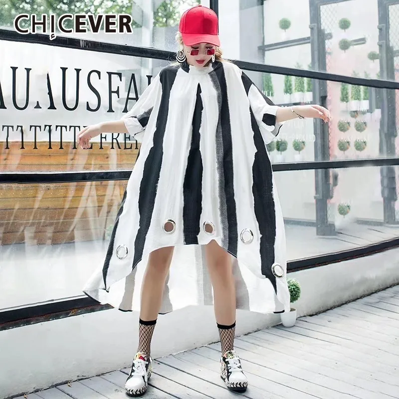 

CHICEVER Summer Streetwear Striped Print Sequined Dress O Neck Short Sleeve Loose Plus Size Asymmetrical Female Dresses 2019 New