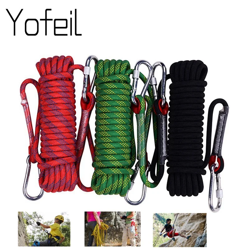 

10MM Outdoor Rock Climbing Rope 20M 30M Cord Safety Ropes Hiking Equipment Escape Striped Buckle High Altitude Operation