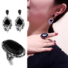 SINLEERY винтажный черный кубический цирконий античный серебряный цвет серьги и кольцо набор для женщин Модный Ювелирный Набор TZ431 SSB