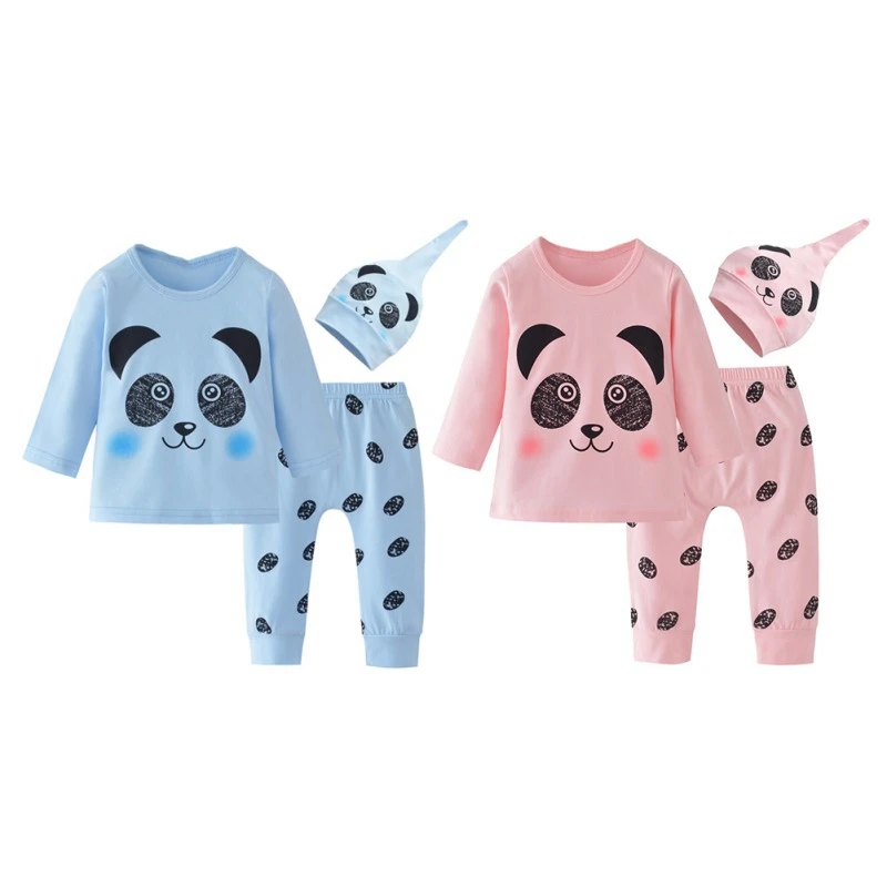 Baby Sleepwear Set Cotton Cute Kids Boys Girls Panda Pattern Long Sleeve Blouse Tops+Trousers+Hat Pajamas Spring Autumn Clothes
