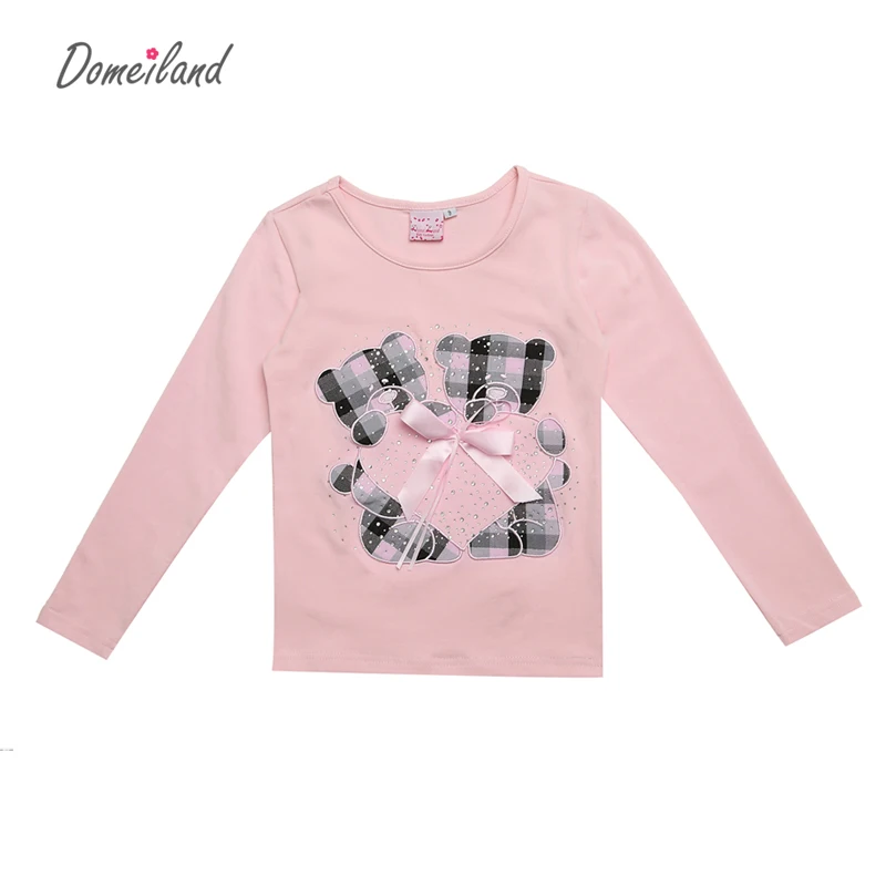 2017 Fashion spring Kids Clothing For brand domeiland Long Sleeve Girls T shirts Plaid Rhinestone Bow