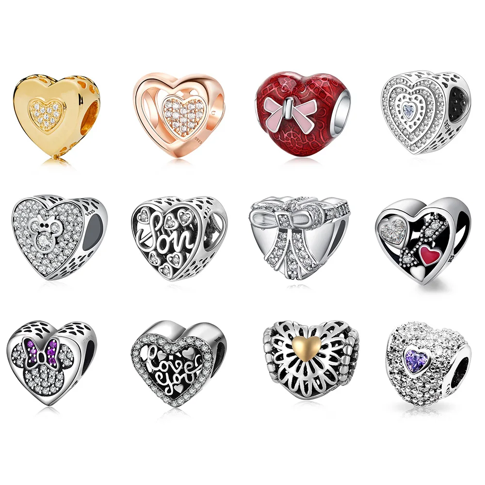

12 Style Diy Heart Shape Rose Gold Color Gold Heart Diy Mouse For Women Original Pandora Charms Bracelets & Bangles Jewelry