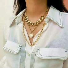 1 шт Панк преувеличенное ожерелье-чокер для женщин большая толстая цепочка круглая полая многослойная монета Подвеска длинное ожерелье ювелирные изделия