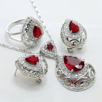 

Otogo Transing Christmas Women Presents Red Drop Shape Crystal Earrings/Necklace/Ring Mark Silver Color Jewelry Sets-S185