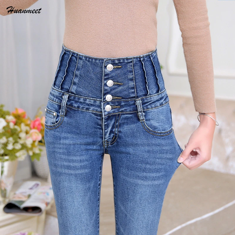 Huanmeet Демисезонный модные обтягивающие джинсы женская обувь, Большие размеры 26-34 Высокая Талия Джинсы для женщин Брюки для девочек