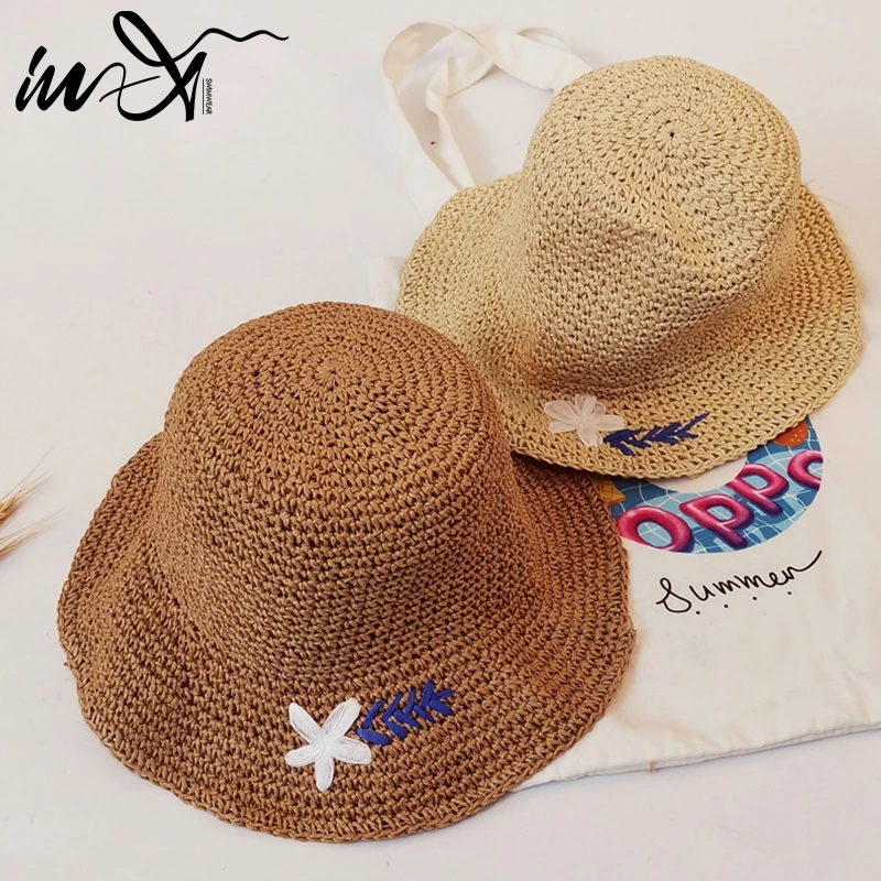 

In-X Handmade weave sun hats for women Large brim straw hat Outdoor beach summer caps Feminino Embroidery flower holiday hats