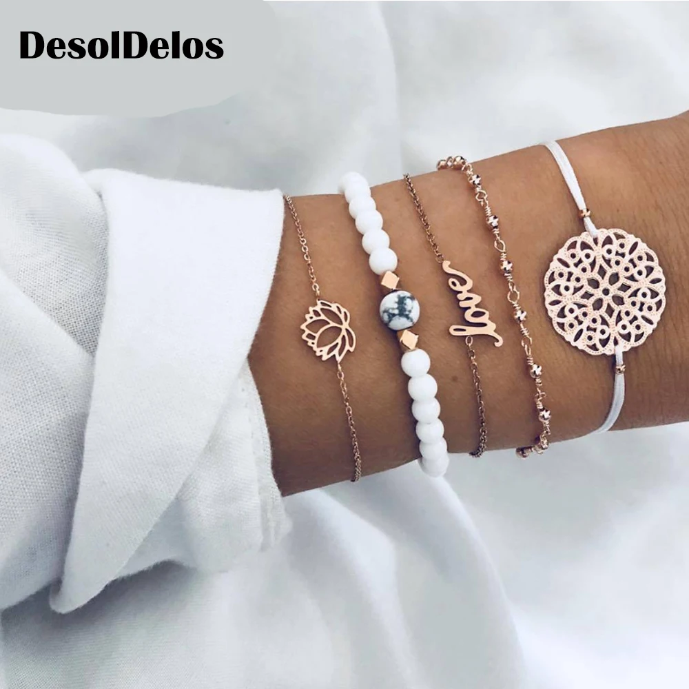 

5 Pcs/ Set Female Retro Map Heart Love Bead Round Gem Leather Chain Silver Bracelet Set Personality Girl Christmas Gift