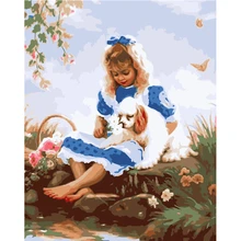 Милая девушка с Dog.40x50cm, живопись по номерам, DIY, настенное искусство, декор гостиной, пейзаж, фигура, животное, цветок, мультфильм