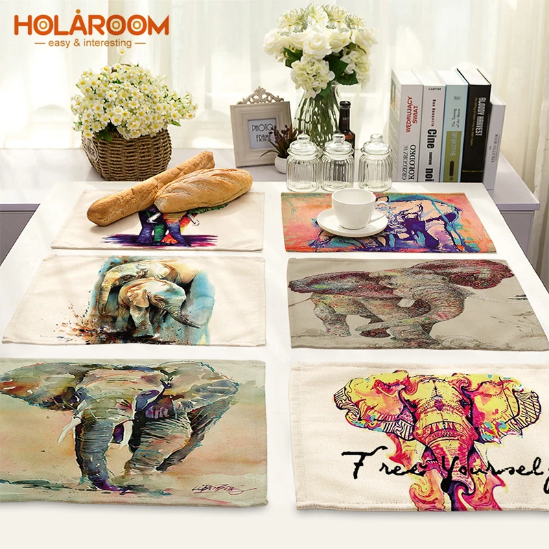 Animal Painting Printed Table Pads Coasters Elephant Series Western Food Mats Cotton Linen Hot