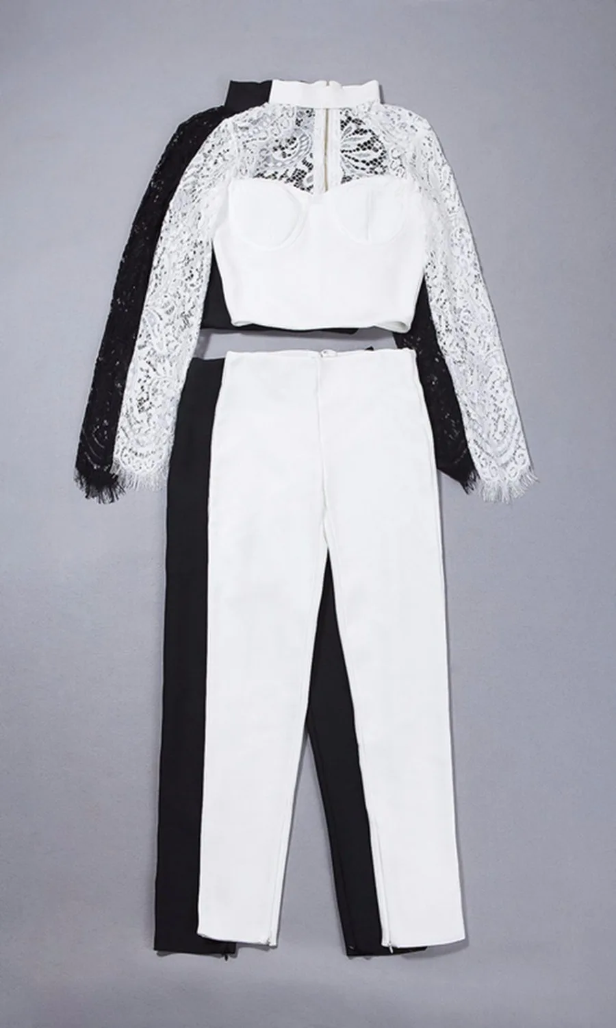 Женский облегающий боди с длинным рукавом черные и белые кружевные брюки