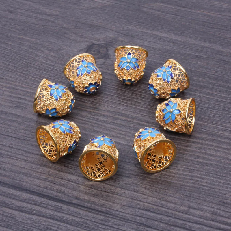 5 pcs Hollow Gold plating lotus enamel tassel cap for Luxury high end jewelry making bell caps