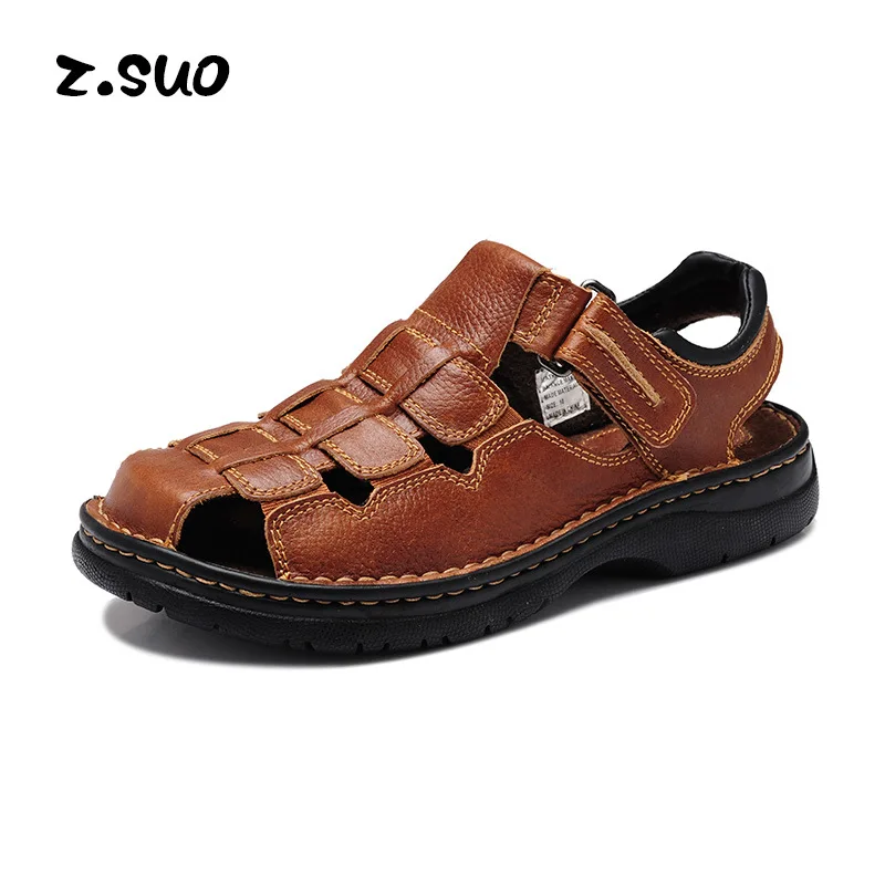 

Z.Suo 2017 Brand Men's Genuine Cow Leather Sandals Outdoor Toe Covering Strap Summer Beach Sandals Big Man Size 47 48 49 ZS802
