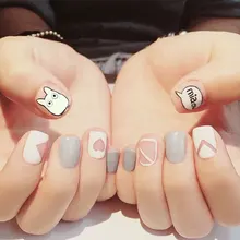 Милый крем чистого цвета с мультяшным рисунком поддельные ногти японская леди накладные ногти 24 шт с клеем короткие накладные ногти