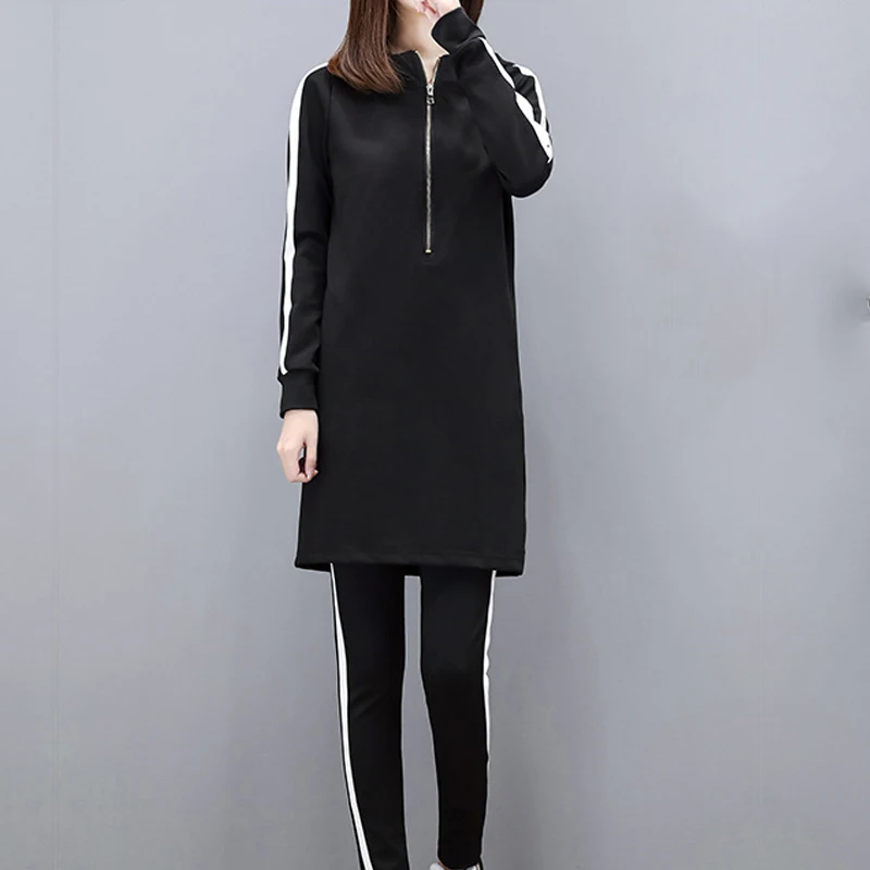 

Fashion Slim Black Hoodies Women Set Plus Size Stripe Side Casual 2 piece Set Zipper Long Hooded Sweatshirt+Pant Mulher