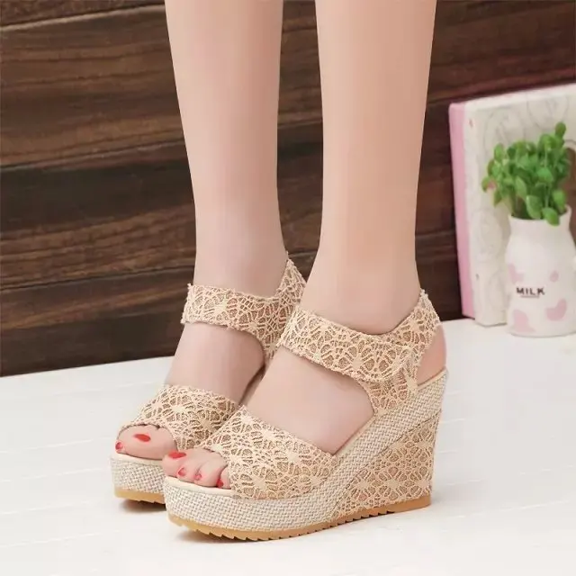 Women Sandals New Summer Fashion Lace Hollow Gladiator Wedges Shoes Woman Slides Peep Toe Hook & Loop Solid Lady Casual A00186