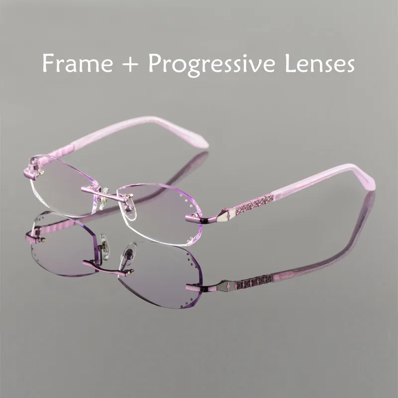 Женские очки из металлического сплава, без оправы, по рецепту, для чтения, близорукость, цветные, MR-8, алмазные очки, бескаркасные, Кристальные очки 20001 - Цвет оправы: Purple Progressive