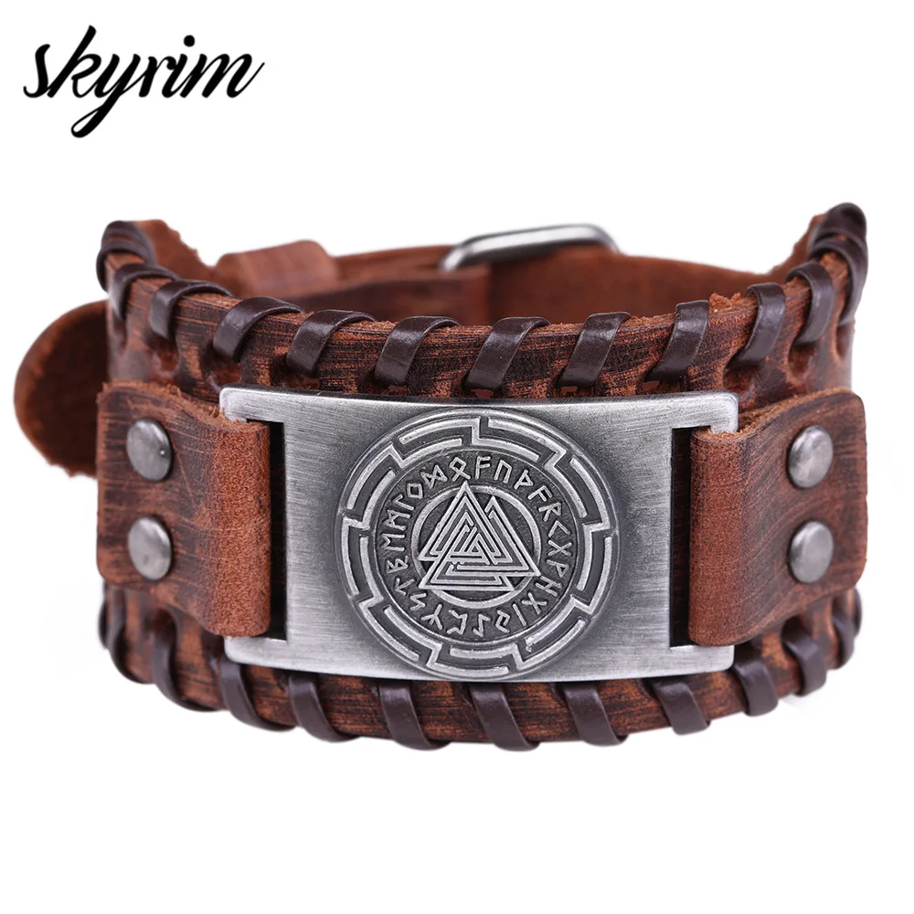 

Skyrim Norse Metal Engraved Scandinavian Leather Bracelet for Men Punk Style Retro Accessories Jewelry Nordic Viking Style