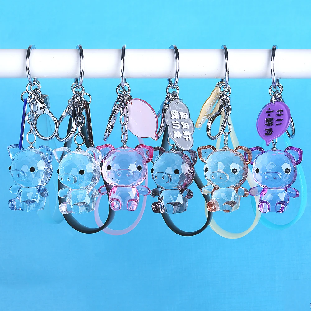 

Creative Cartoon Cute Animal Transparent Crystal Pigs Keychains Women Jewelry Leather Rope Keyring Car Pendants Key Chains