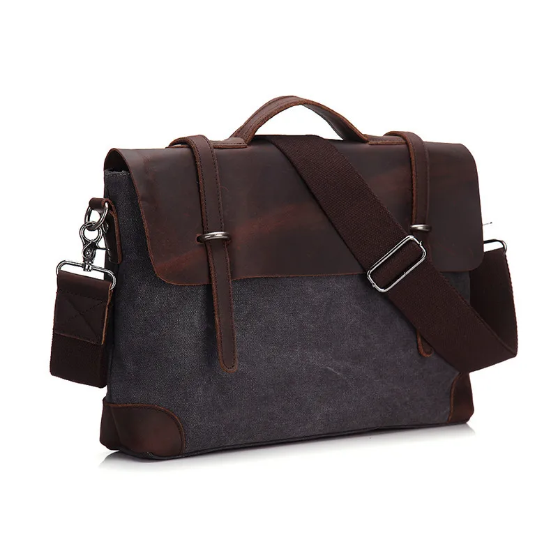 Us 46 05 51 Off Nesitu High Quality Vintage Crazy Horse Leather Canvas Men Briefcase Messenger Bags Shoulder Bag Portfolio Man Handbags M6896 In