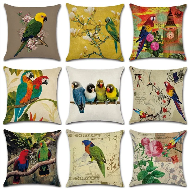 18" Bird Parrot Print Cotton Linen Cushion Cover Sofa Home Decor  Pillow Case 