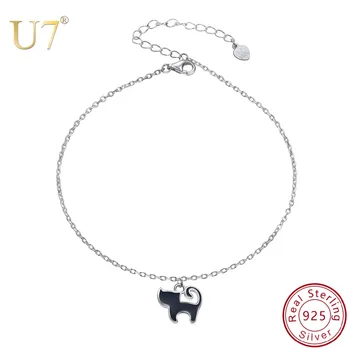 

U7 Sterling Silver 925 Enamel Animal Cat Anklets For Women Summer Leg Bracelet Ladies Female Foot Chain Jewelry Girl Gift A330