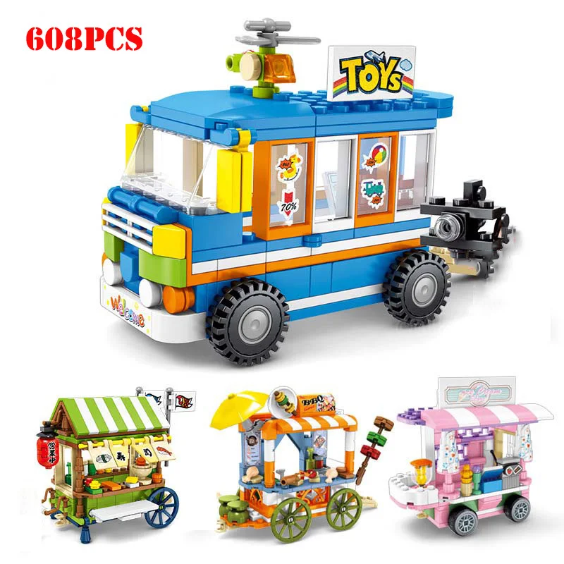 

City Street View Series Sushi BBQ Car Ice Cream Sales Vehicle Building Blocks Compatible Legoings Bricks Toys For Children Gifts