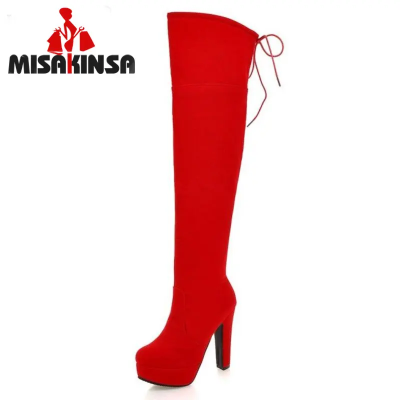 MISAKINSA Size 33 43 Women Over Knee Platform Boots Cross Strap High Heel Boots Zipper Warm Shoe