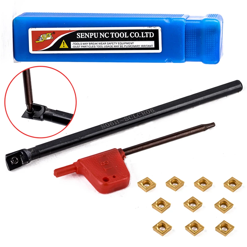 1pc 125mm Length S06K SCLCL06 Boring Bar Lathe Turning Tool Holder with 10pcs Gold  CCMT060204 Inserts and T8 Wrench