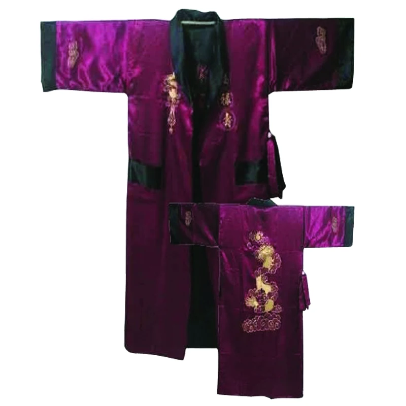 

Hot Chinese Men's Silk Satin Reversible Robe Gown Two-Sided Nightwear Vintage Male Embroidery Dragon Kimono Robe One Size 011005