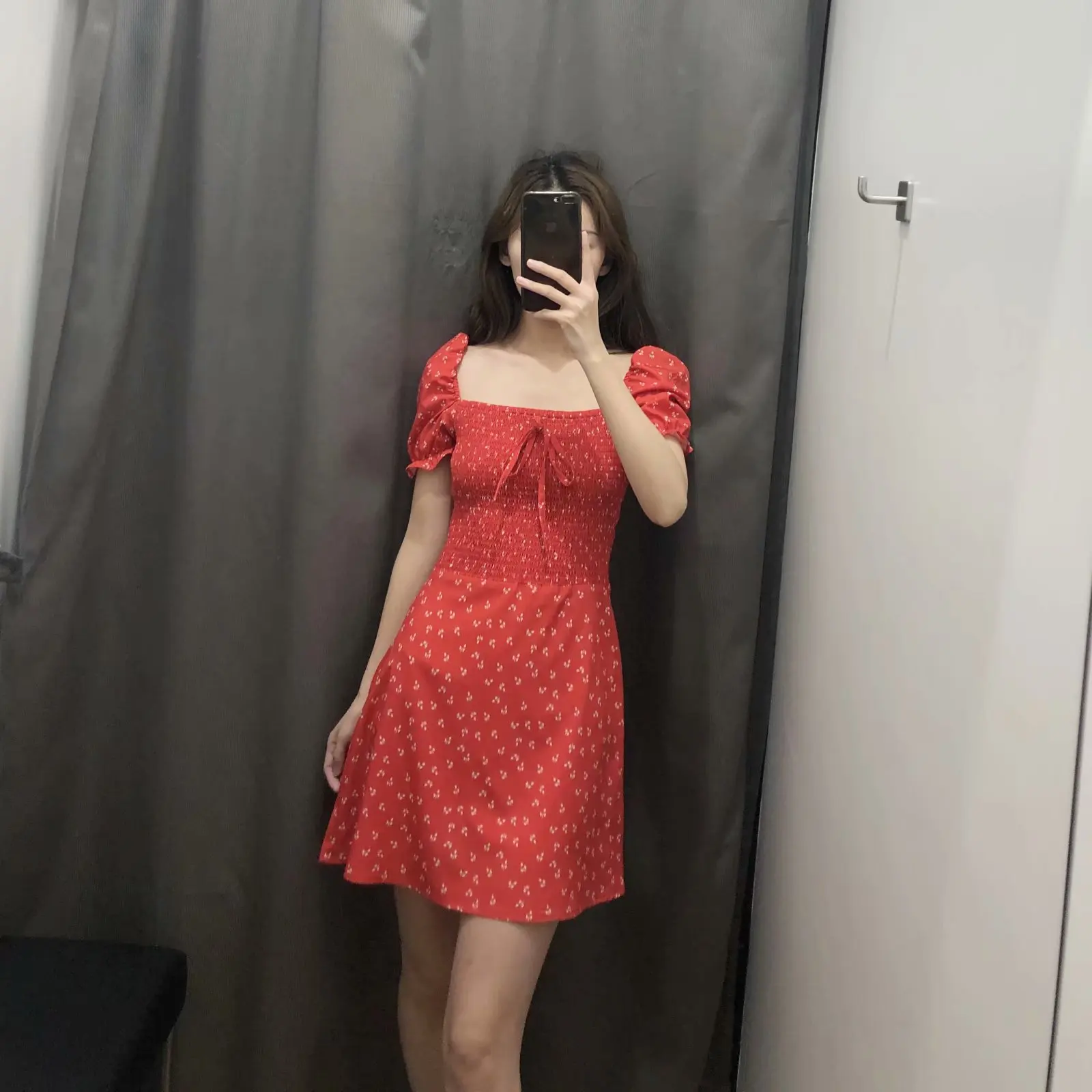 

2019 summer women's red dresses preppy style A-line slash neck print dress bubble sleeves Elastic party dress