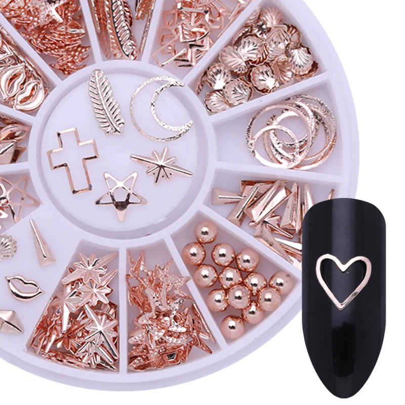 

1 Box 3D Nail Studs Starfish Shell Geometry Rose Gold Moon Pentangle Leaf Nail Art Decoration in Wheel Manicure DIY Design