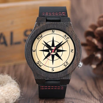 

Wooden Watch Men Quartz Black Genuine Leather Wristwatch Compass Display Unique Men's Wood Watch relogio masculino Top Gift Item