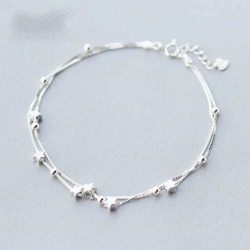 

21+2cm 925 Silver Anklet female fashion Korean double beads sweet personality High quality female jewelry stars shape Anklet
