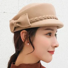 BINGYUANHAOXUAN 2018 Winter 100% Wool Fedora Hat For Women Formal Bowknot Pillbox Hat Party Fascinator Berets Painter Hat curly brim pompon bowknot embellished pillbox hat