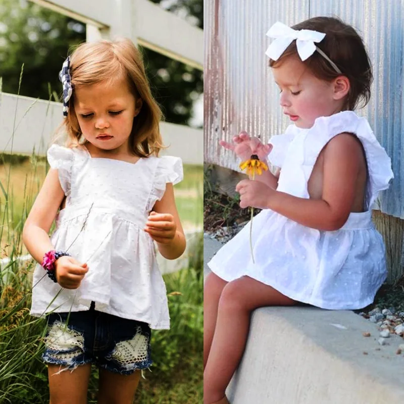 Новорожденных Одежда для детей; малышей; девочек рюшами футболки лето младенческой малыш девушка краткое Однотонная повседневная обувь футболки топы
