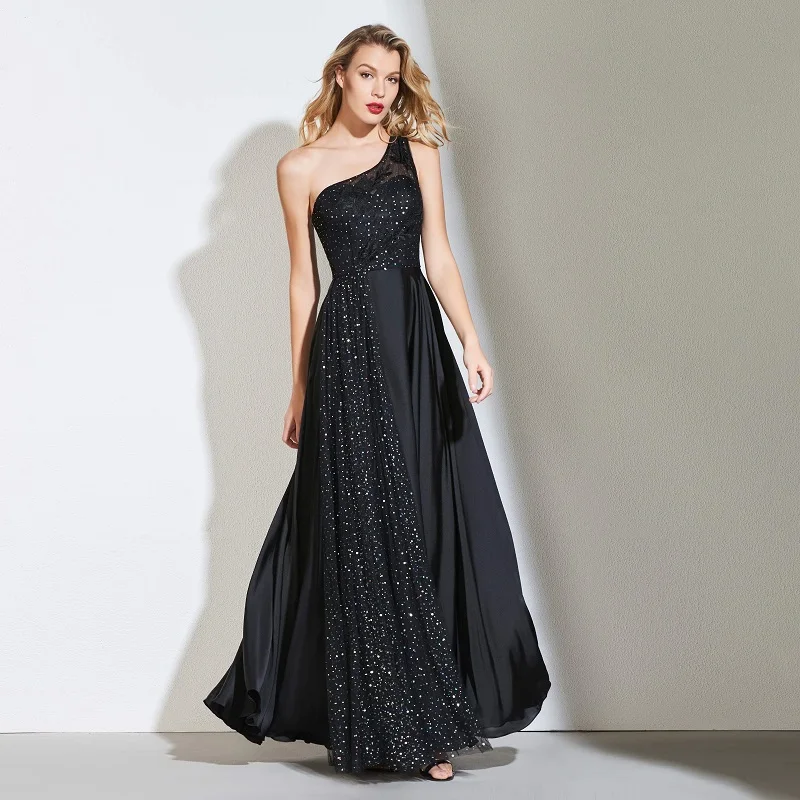 

Tanpell one shoulder prom dresses black appliques sleeveless floor length a line dress women evening custom formal prom gown