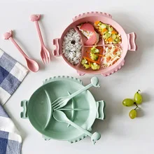 

Dividing Plate Baby Dishes Set For Kids 2PCS(bowl+spoon) Cartoon Bamboo Solid Feeding Children Tableware Set Baby Feeding Bowls