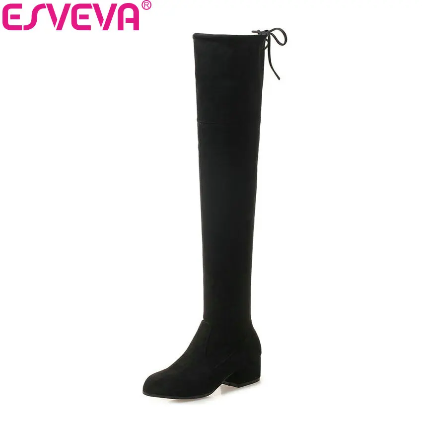 

ESVEVA 2019 Lace Up Women Boots Over The Knee Boots Winter Shoes Elegant Round Toe Square Med Heels Comfortable Long Shoes 34-43