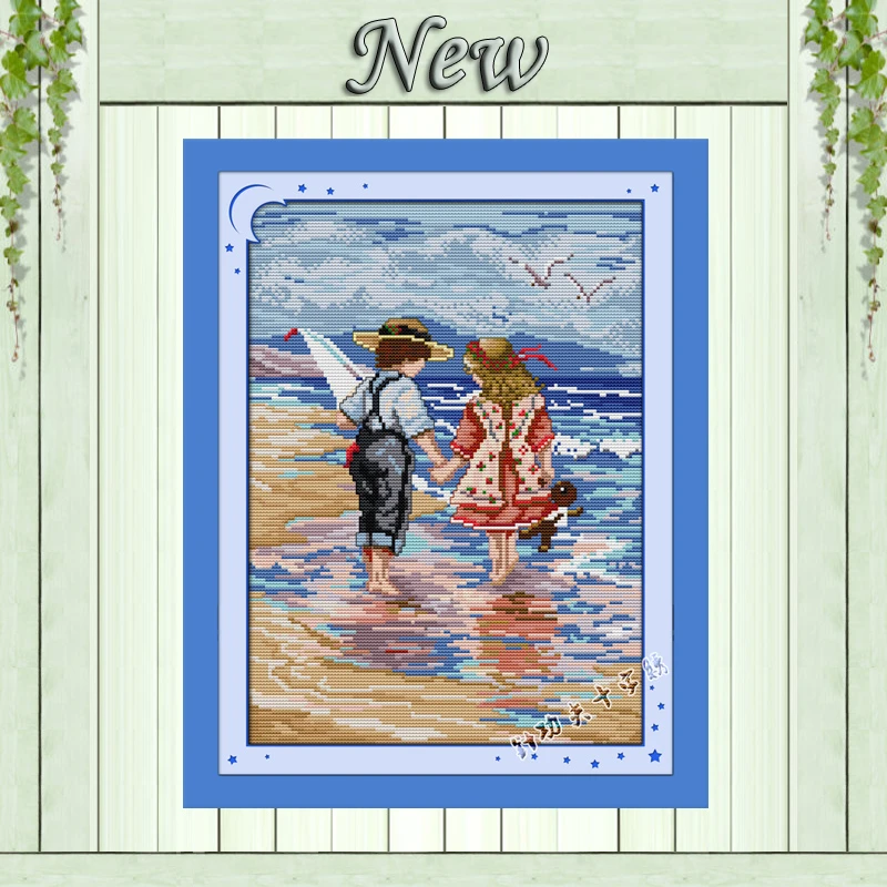 

Hand in hand(kids) Sea Home painting Decor 11CT counted print on canvas DMC Cross Stitch kits 14CT needlework Set DIY embroidery