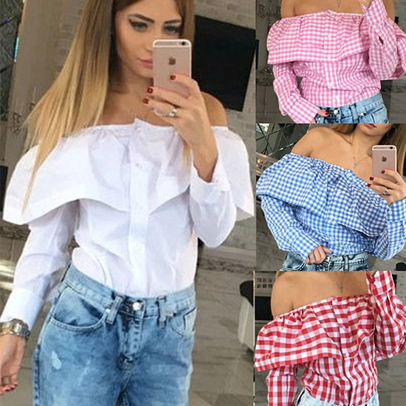 4 color xl plus size Fashion Casual Ruffles Slash Neck Plaid Long Sleeve Cotton blouse Sexy off shoulder Women tops shirt |
