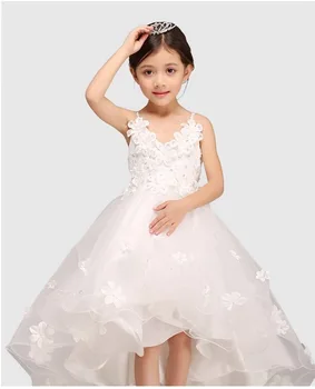 

Summer White Spaghetti Straps Princess Flower Girl Dress For Weddings beautiful lace Beach dress With Long Train dress for girl