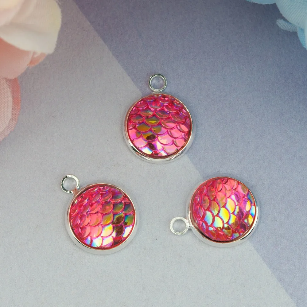 

DoreenBeads Copper & Resin Mermaid Fish/ Dragon Scale Charms Round Silver Fuchsia AB Color Pendant DIY Findings 18 x 14mm, 10PCs