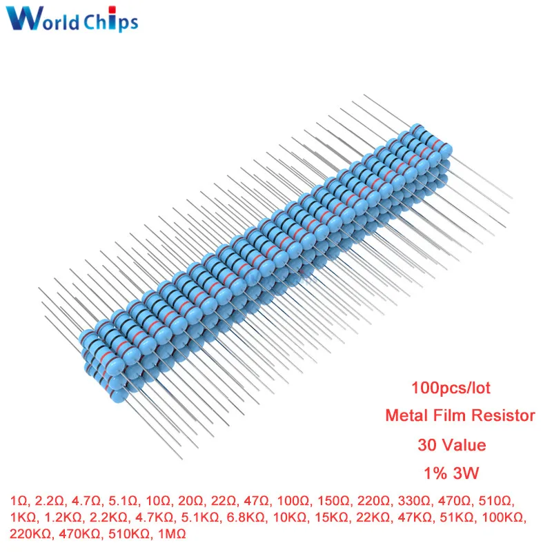 100 шт./лот 1R 4.7R 10R 100R 220R 1K 2,2 K 4,7 K 6,8 K 10K 22K 47K 100K 470K 1 МОм Ohm Сопротивление 1% 3 Вт 1R-1M Ω металлического пленочного резистора