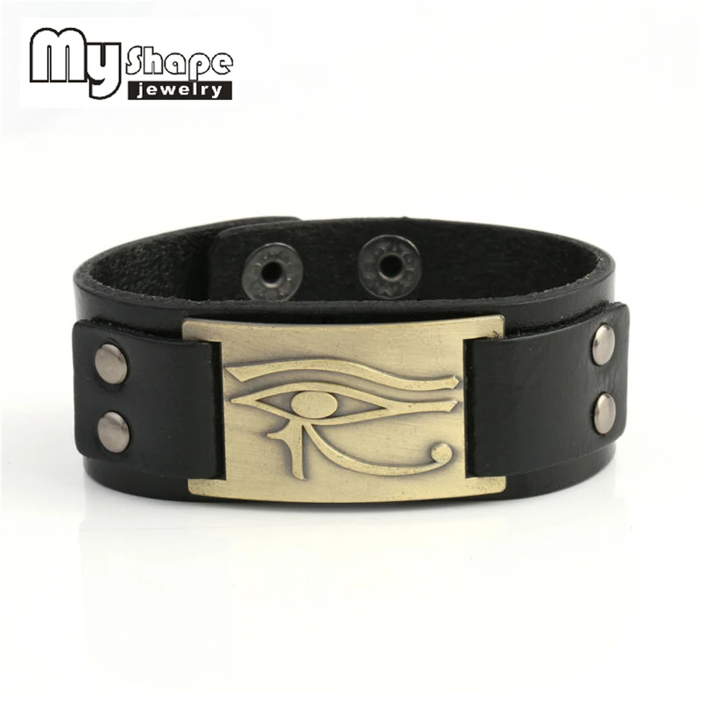 

my shape Eye of Horus Signature Plate Leather Bracelet Men Jewelry fish eye Bangle Adjustable Snap Button Bracelet Fit AnyButton